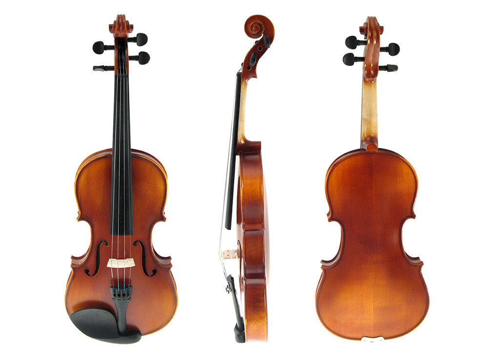 Ogólny wygląd skrzypiec Pengano, widok z przodu, z boku, i z tyłu